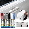 A hand applies Colour Smart car scratch repair pen to a white car surface, showing the product and application.