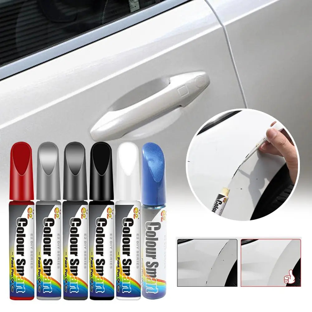 A hand applies Colour Smart car scratch repair pen to a white car surface, showing the product and application.