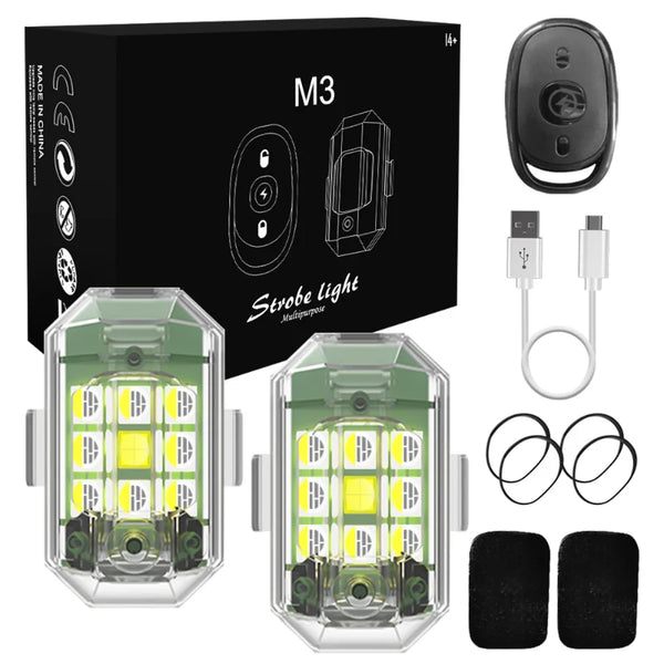 Un kit de luces estroboscópicas incluye una unidad principal, un accesorio y un cable de carga.