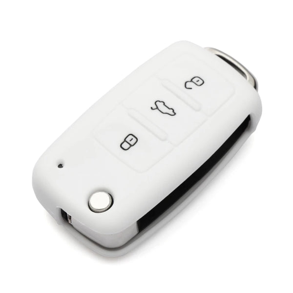 White silicone car key cover for Volkswagen models with three buttons.