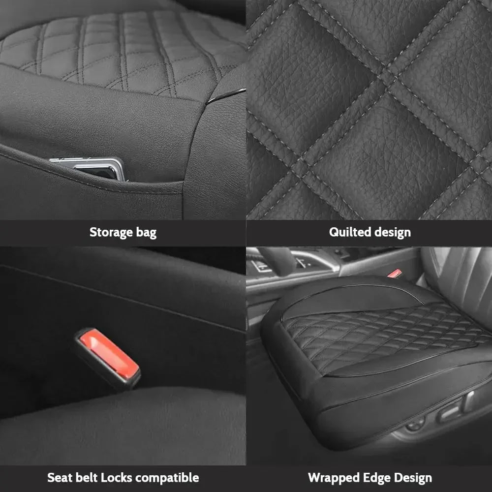Various views of a black PU leather car seat cover featuring quilted design and wrapped edge for driver seat protection