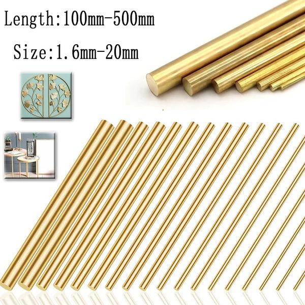 A collection of brass round rods in various sizes and lengths for DIY craft and jewelry making.