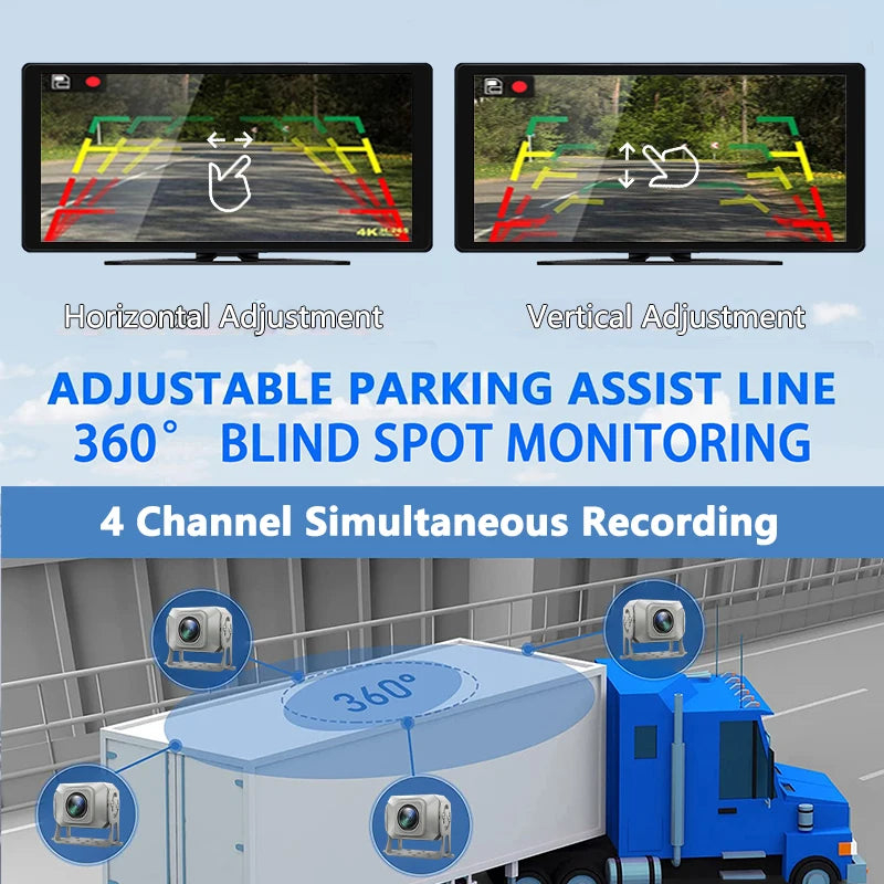 A 4-channel parking assist line monitoring system with multiple cameras mounted on a truck for simultaneous recording.