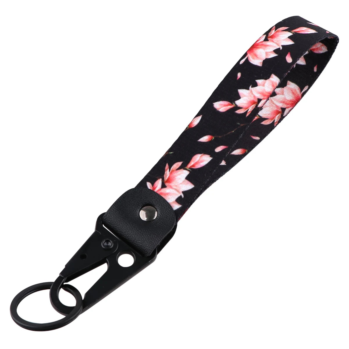 Black fabric wrist strap lanyard featuring a pink cherry blossom floral pattern.