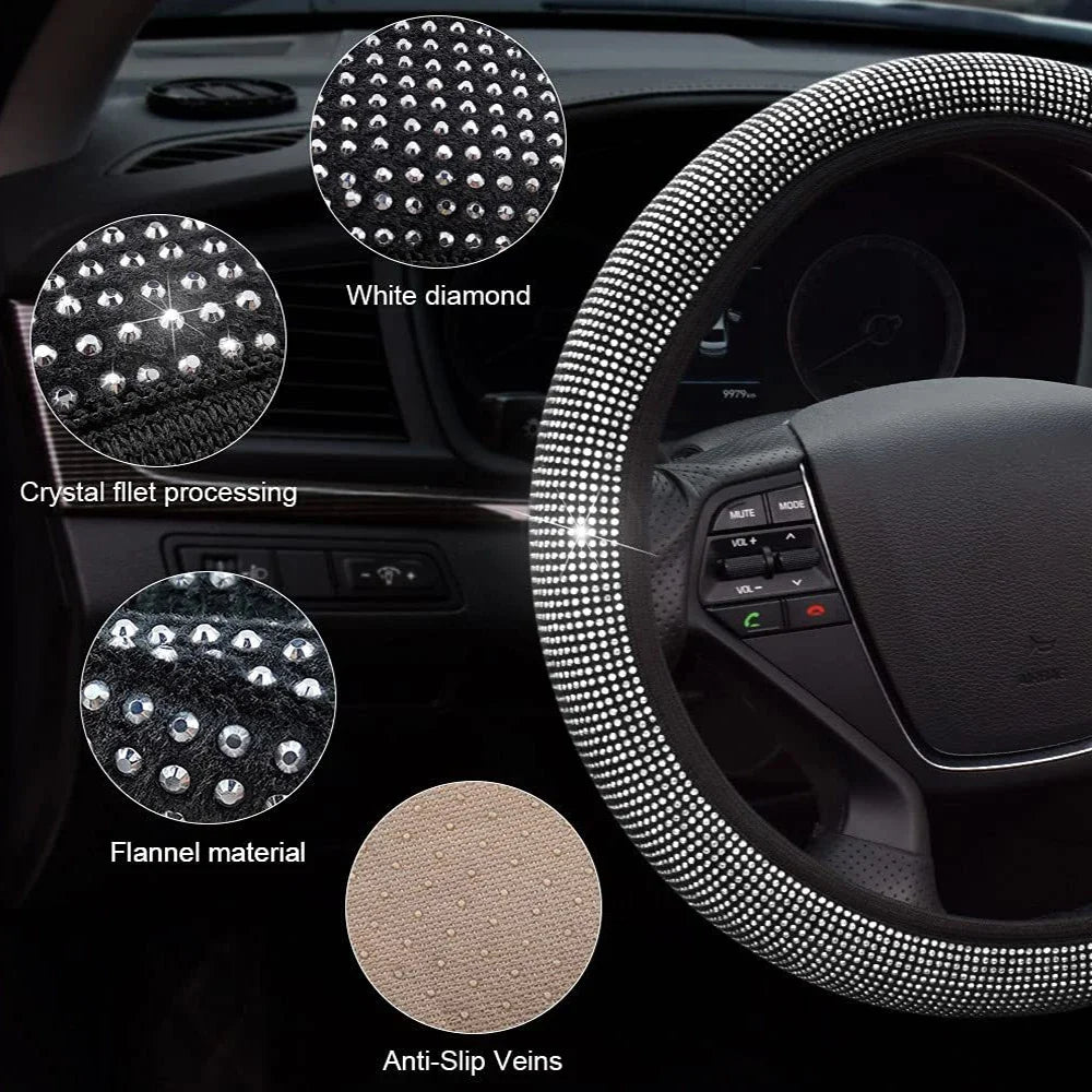 Close-up view of a crystal diamond rhinestone steering wheel cover showing various textures and features.