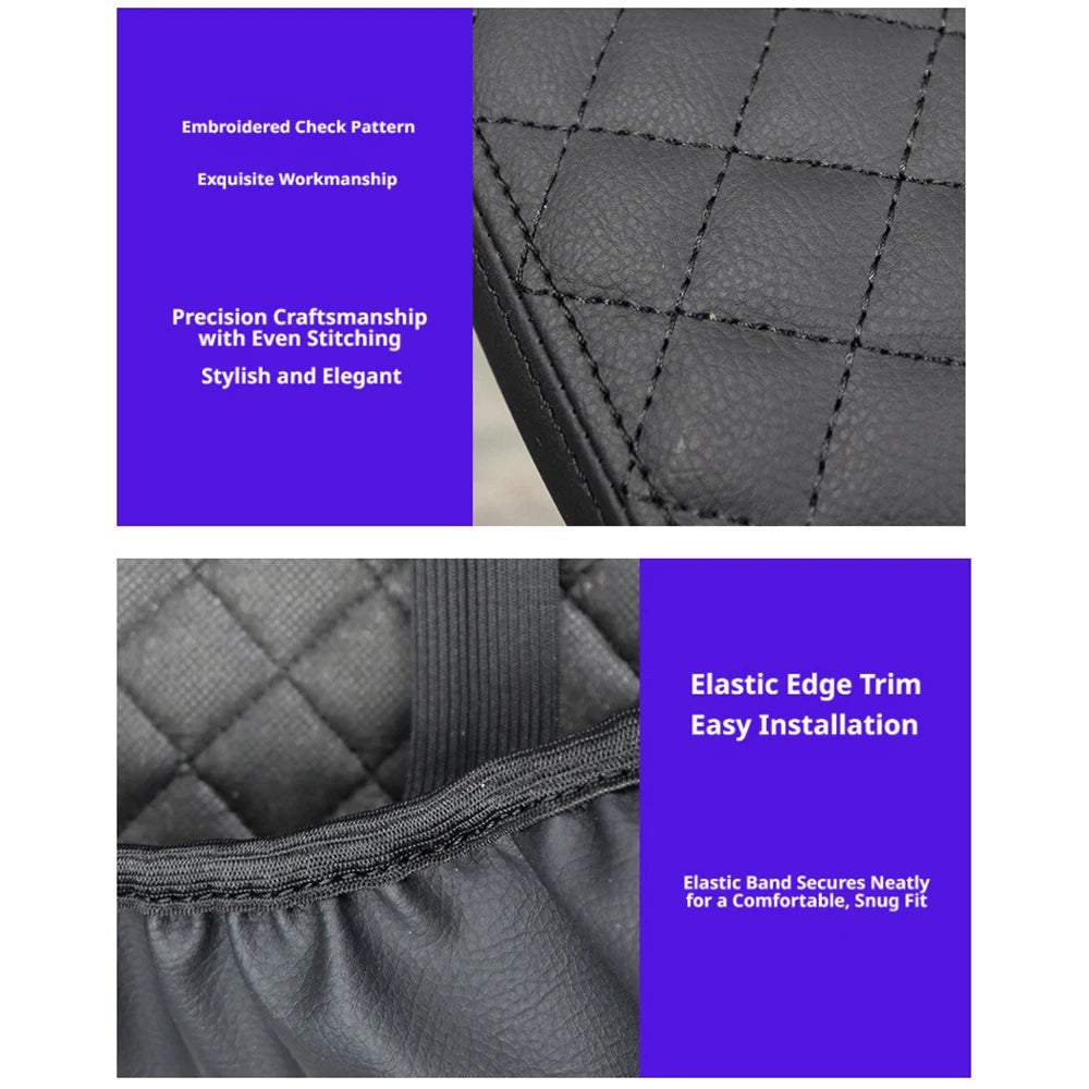 Close-up of a black microfiber armrest pad with quilted stitching and an elastic edge trim.
