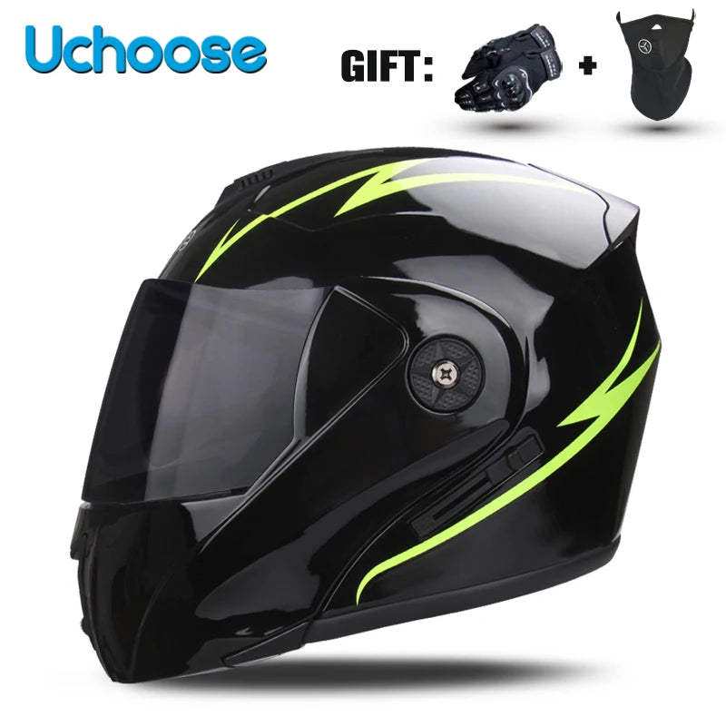 Black Uchoose DOT certified double lens flip-up motorcycle helmet with a gift