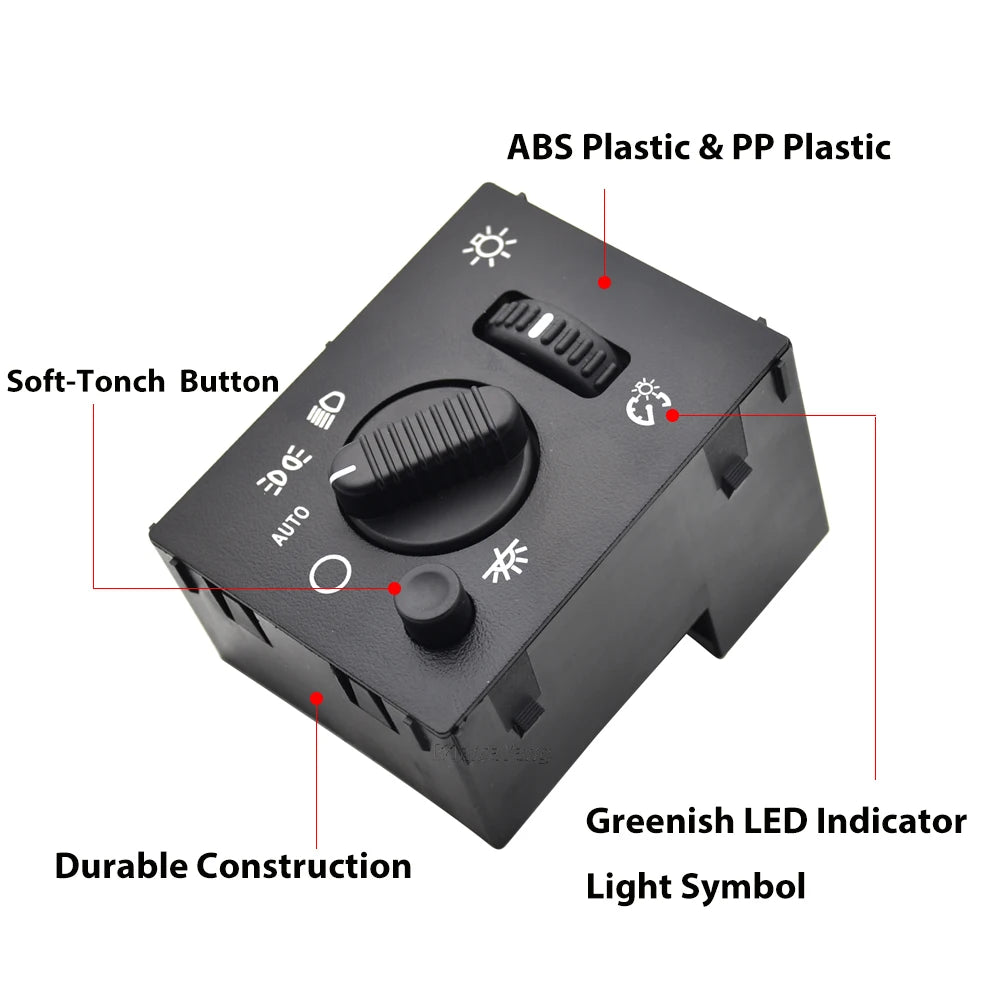 Black aftermarket fog light switch featuring an ABS plastic and PP plastic construction with a soft-touch button and green LE