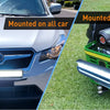 High-intensity LED light bar mounted on a car and a lawn mower.