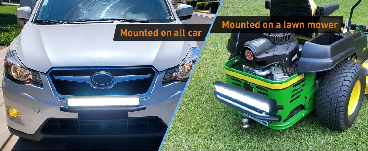 High-intensity LED light bar mounted on a car and a lawn mower.