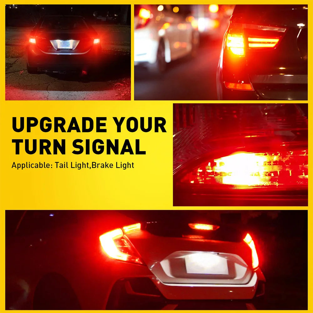 Close-up shots of vehicle taillights and brake lights showing an upgraded LED turn signal replacement.
