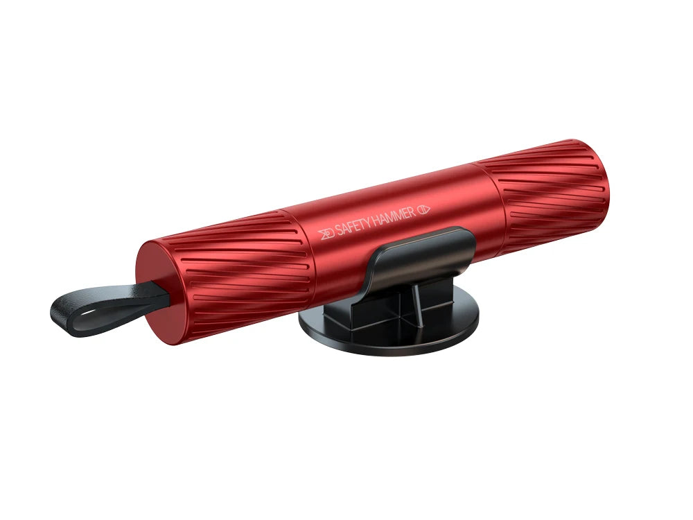 A red safety hammer tool with a black handle and striking head.