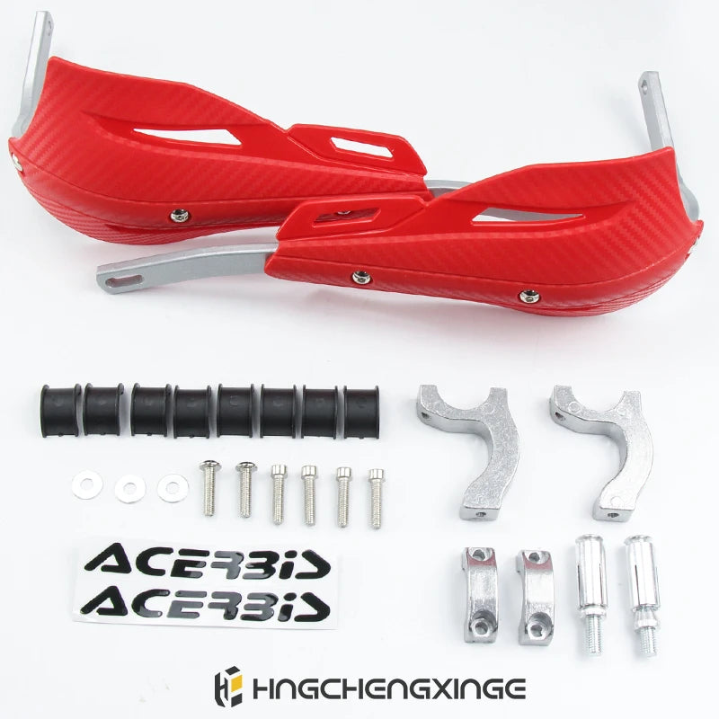Red motorcycle handguard protector and various mounting hardware components for dirt bikes