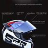 A close-up view of an SPR ESD universal motorcycle helmet featuring an upgraded large tail and wide angle design.