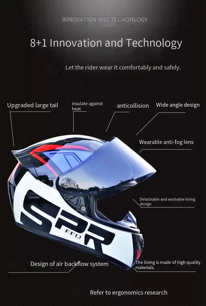 A close-up view of an SPR ESD universal motorcycle helmet featuring an upgraded large tail and wide angle design.