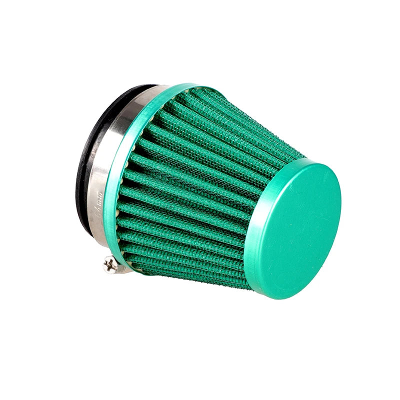 Kit d'induction de filtre à air universel pour moto avec filtre en maille verte et boîtier argenté.