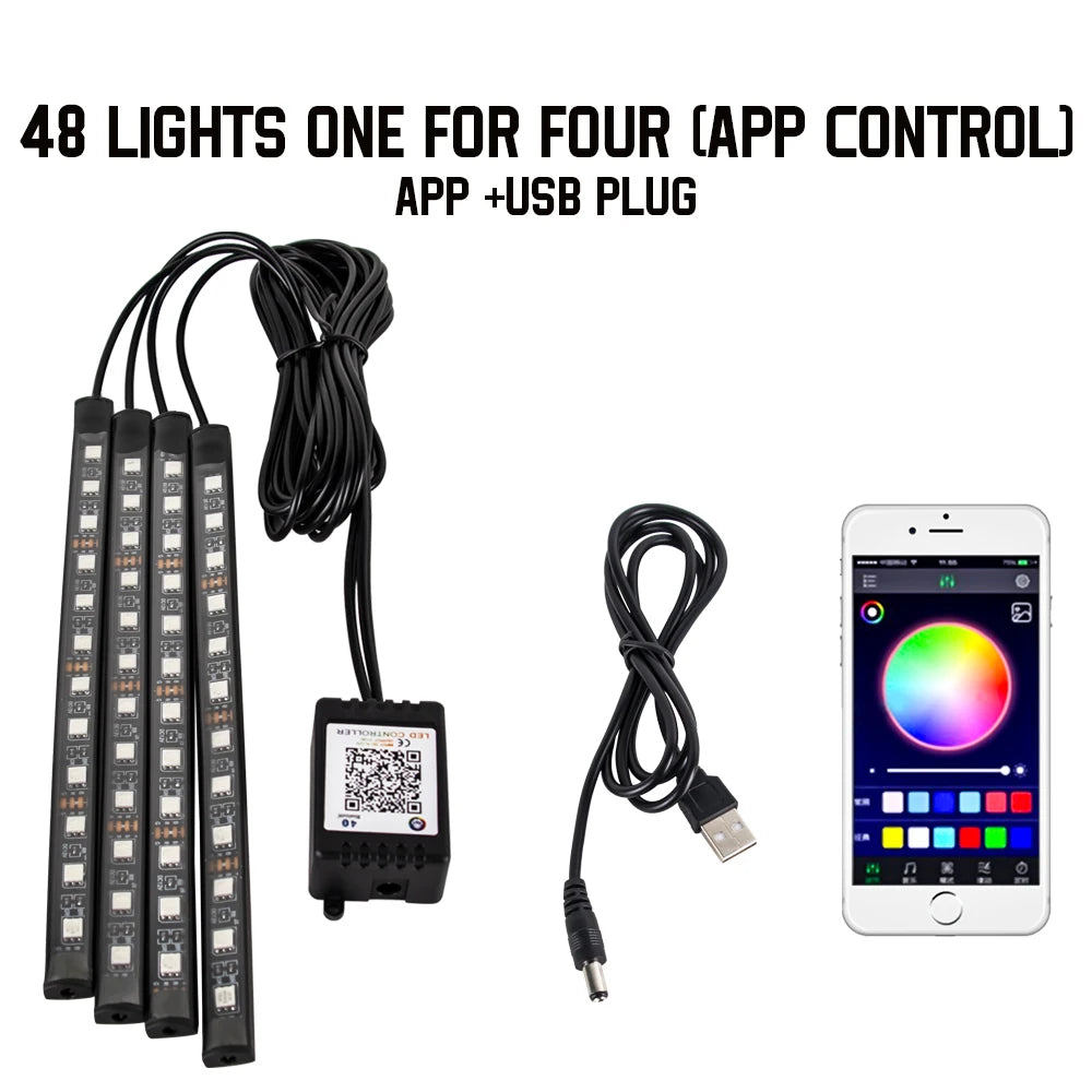 A set of 48 lights for car ambient lighting with an app control and USB plug.