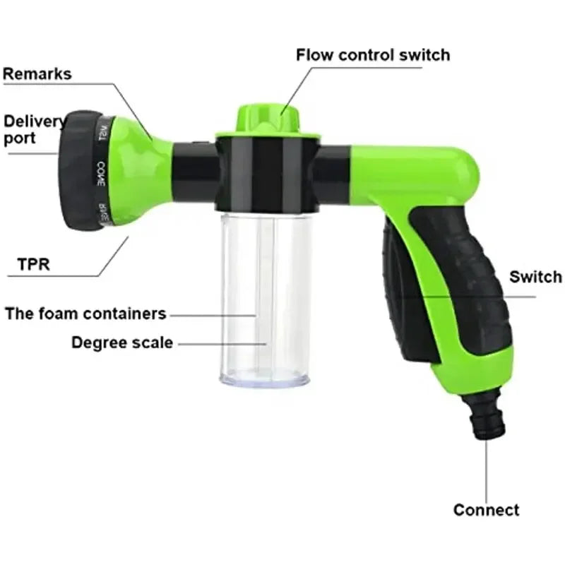A green high pressure foam lance car wash sprayer with various components labeled including a delivery port and switch.