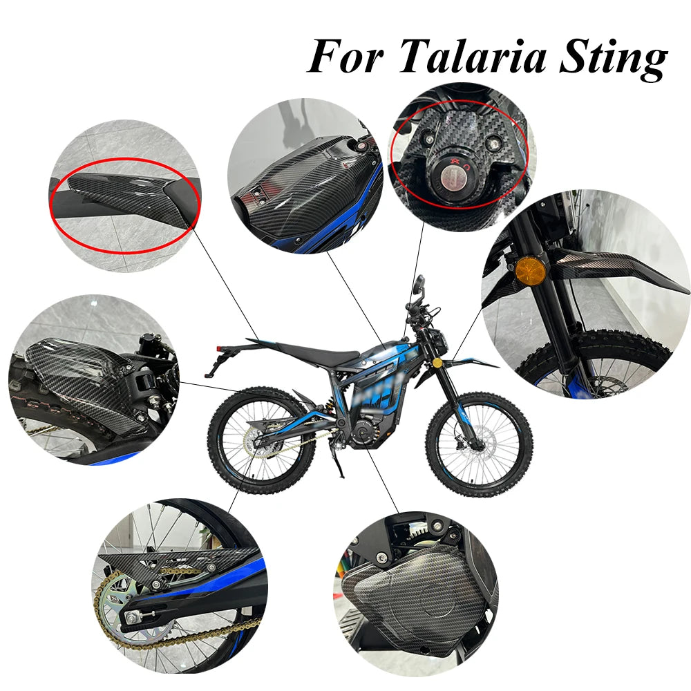 A set of motorcycle mudguards and protection kits for Talaria models, showing various components and installation views.