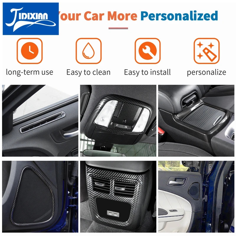 Carbon fiber interior decoration kit for a Dodge Charger showing various installed parts like door trim and vents.
