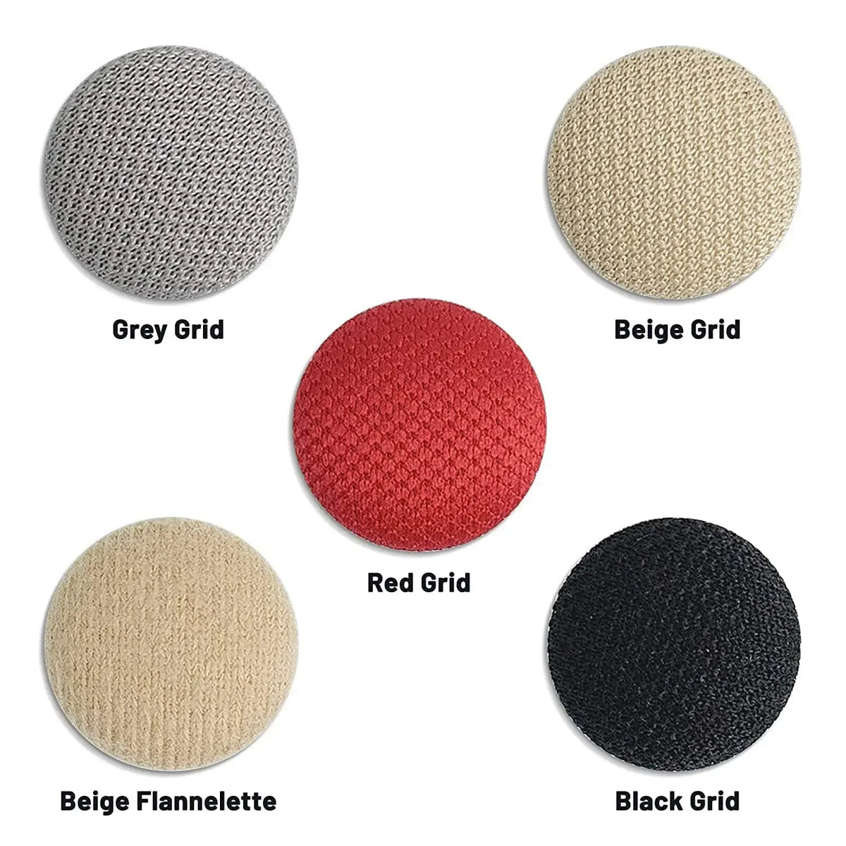 A collection of round grid-patterned interior trim clips in grey, beige, red, and black.