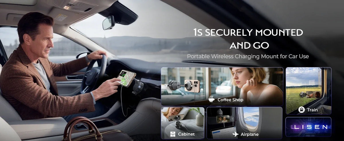 A man is using a 1S securely mounted portable wireless charging mount for car use, demonstrating its functionality.