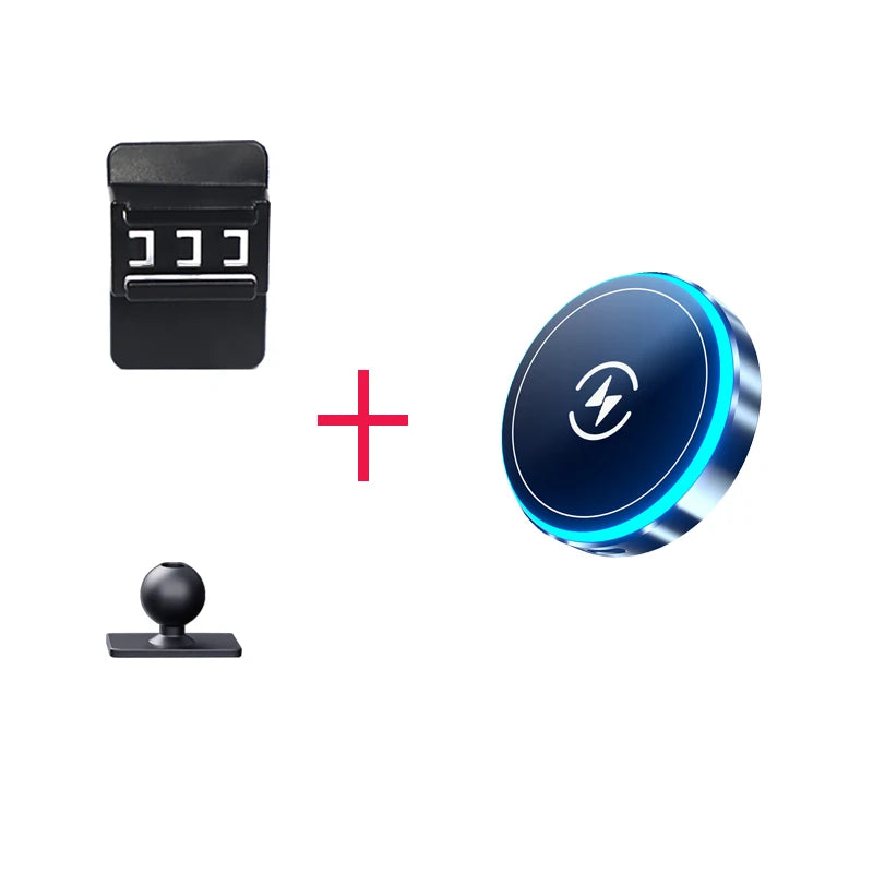A black magnetic wireless charging phone mount with a red plus sign and a black spherical base.
