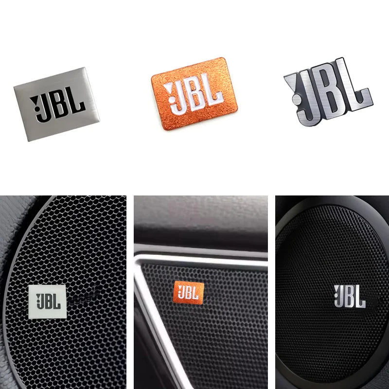 Three views of silver and orange JBL aluminum car audio emblems.