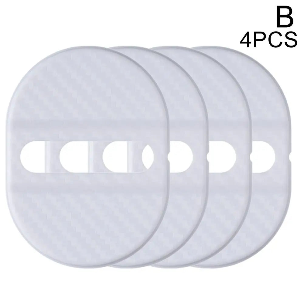 A pack of four white, translucent protective covers designed for universal car door locks.