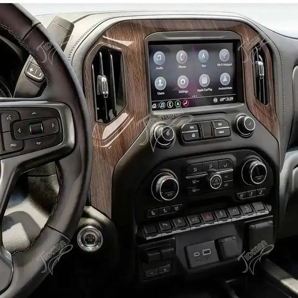 Interior view of a vehicle dashboard showing the center console navigation panel trim cover.