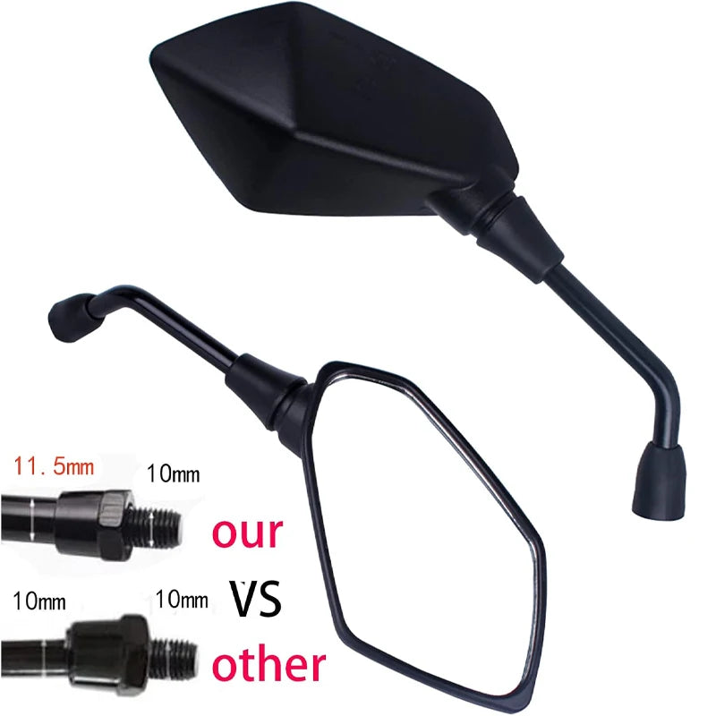 Black high-visibility motorcycle rearview mirror with adjustable mounting options