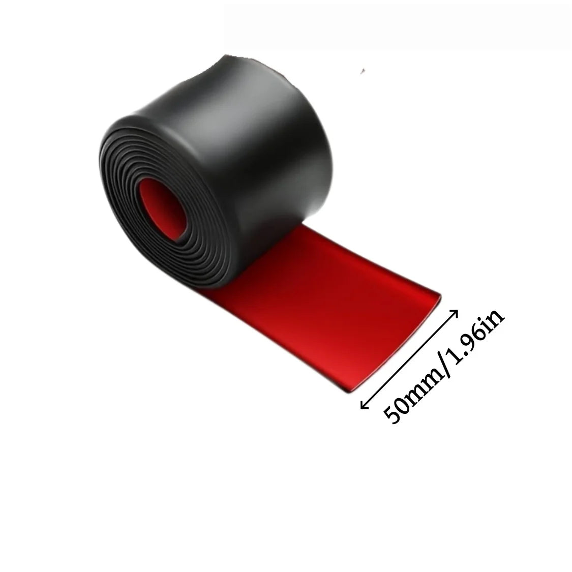 Roll of black self-adhesive PVC car side protection strip measuring 50mm wide.