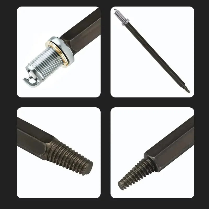 A set of car spark plug extractors showing various tools and components for removing spark plugs.