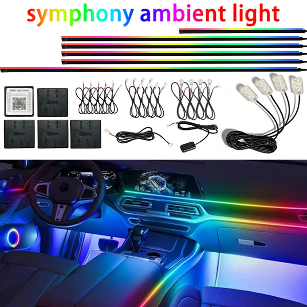 مجموعة من 18 شريط LED RGB وتصميم داخلي للسيارة بإضاءة محيطية ملونة.
