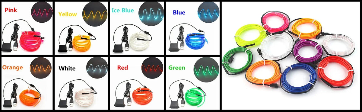 Collection de bandes LED néon flexibles dans diverses couleurs : rose, jaune, bleu, orange, blanc, rouge et vert.
