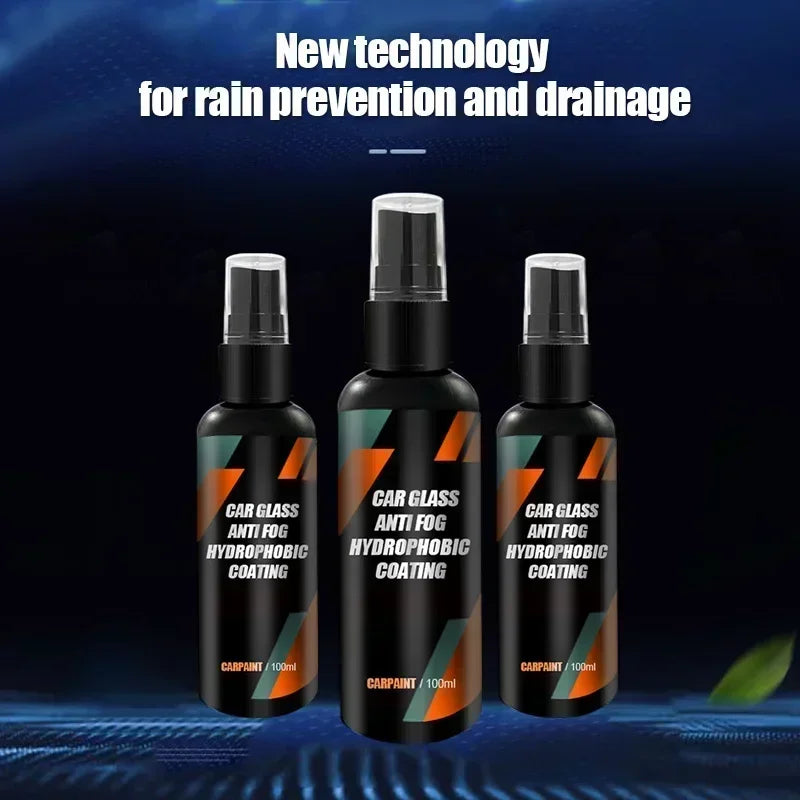 Three black spray bottles of car glass anti fog hydrophobic coating for rain prevention and drainage.