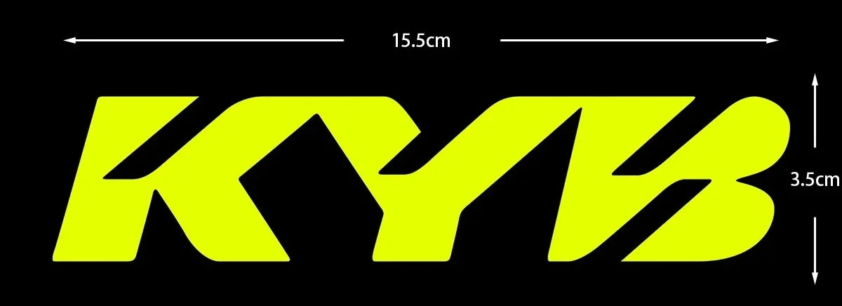 Yellow KYB racing suspension decals with dimensions 15.5cm wide and 3.5cm high.