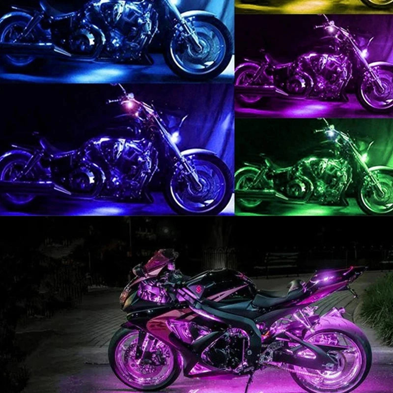 A motorcycle is illuminated by vibrant RGB LED atmosphere lights, showcasing various color effects.