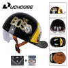 A black motorcycle helmet featuring a gold Boss logo and vintage open-face style, shown with related accessories.