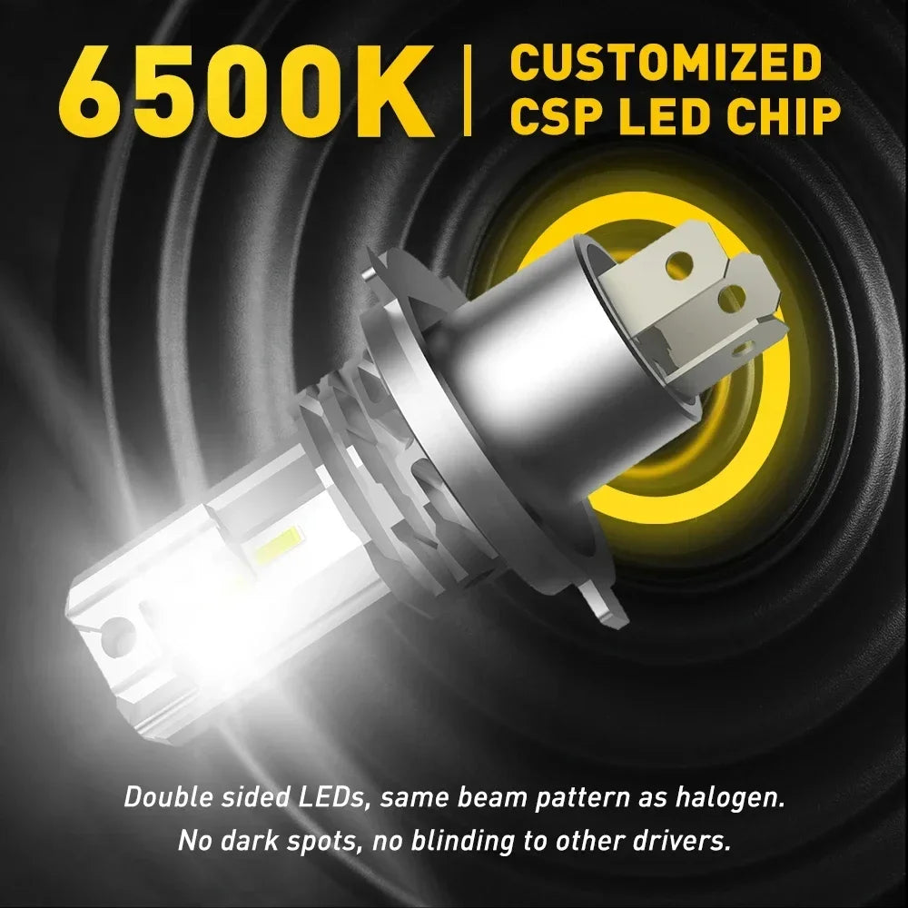 A close-up view of a 6500K customized CSP LED chip headlight bulb with a bright beam.
