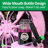 A wide mouth bottle design for pouring soap, shown with a purple liquid in a glass jar.