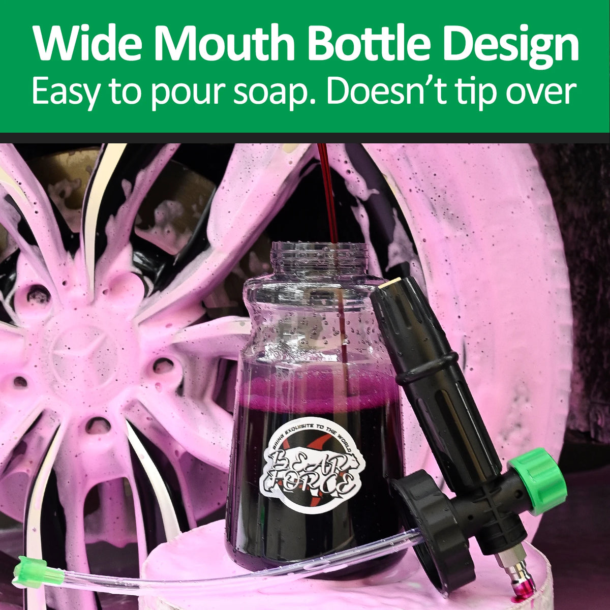 A wide mouth bottle design for pouring soap, shown with a purple liquid in a glass jar.