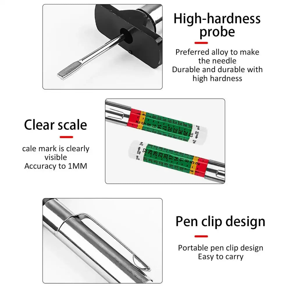 A precision tire tread depth gauge showing a high-hardness probe, a clear scale, and a pen clip design.