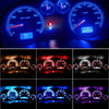 A set of T5 LED dashboard and license plate bulbs showing various gauges and lights in a vehicle interior.