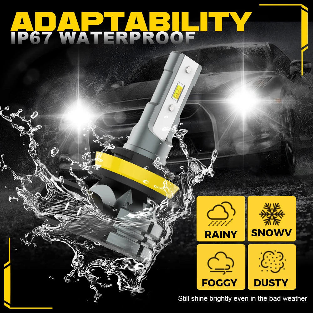 A close-up of an IP67 waterproof LED fog light assembly being tested against water spray in adverse weather conditions.