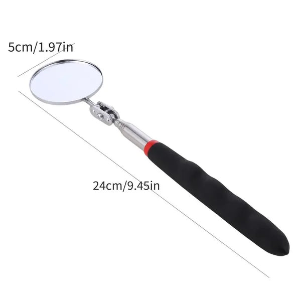 Extendable inspection mirror with a silver circular lens and a black handle.