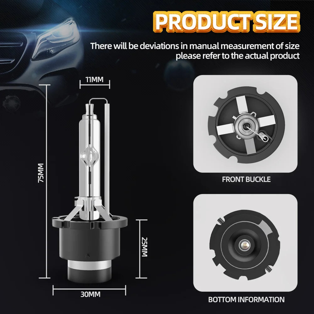 Diagram showing the size and components of a universal xenon HID car headlight assembly including the front buckle and bottom