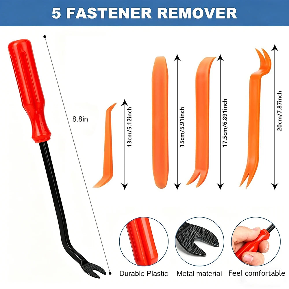 Five red plastic fastener removers with various tips and shapes for auto body trim