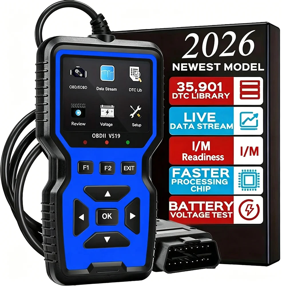 A professional OBD2 diagnostic scanner device with a blue and black casing and cables, next to a black box labeled 2026 newes
