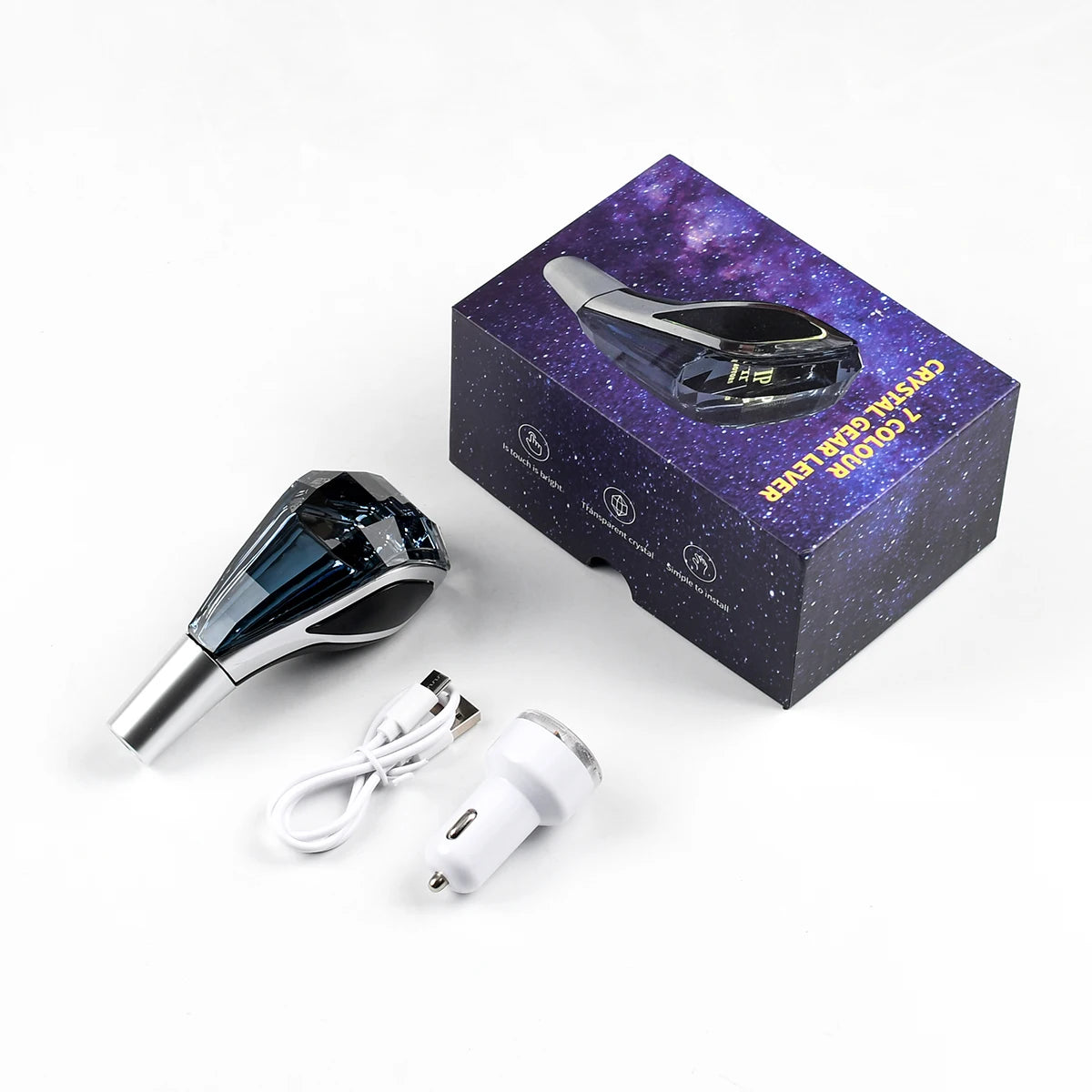 A black LED glowing gear shift knob is shown next to its packaging box.